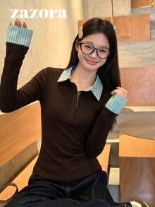 Korean Style Polo Collar Long Sleeve T-Shirt Women Inner Layer Slim Fit Flattering Unique Beautiful Base Layer Top Autumn Clothing - Brown - View 4