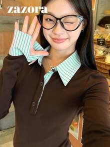 Korean Style Polo Collar Long Sleeve T-Shirt Women Inner Layer Slim Fit Flattering Unique Beautiful Base Layer Top Autumn Clothing - Brown - View 6