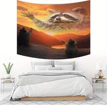 1pc Raccoon Sunset Mountain Landscape Print Tapestry, Polyester Fiber Wall Hanging, Bedroom, Living Room, Dorm, Home Decor - Multicolor - View 2