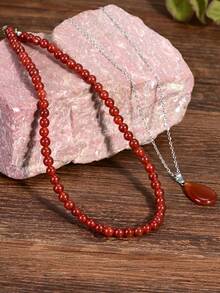 2pcs Red Agate Necklace Set Vintage Exquisite Natural Stone Beaded Teardrop Pendant Red Christmas Jewelry - Multicolor - View 4