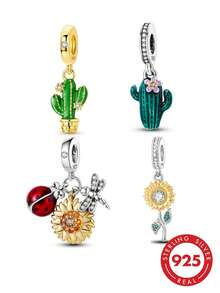 1 hạt charm bạc S925 hình cây và hoa, mạ vàng nhiều màu, kết hợp xương rồng, hoa hướng dương, bọ rùa và chuồn chuồn, khảm men màu và đá rhinestone, phong cách tự nhiên tươi mới, kèm hộp quà, tương thích với vòng tay và dây chuyền, phù hợp làm trang sức handmade DIY và quà tặng phong cách Mori hàng ngày - Nhiều màu - Xem 12
