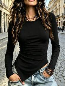 Women's Round Neck Long Sleeve T-Shirt, Spring/Autumn New Lace Trim & Ruched Waist Design, Casual Versatile Slim Fit Solid Color Top, Fashionable Daily Wear - Black - View 10