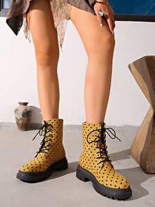 WTKMRSSTEP Women's Round Toe Polka Dot Lace-Up Thick Sole Ankle Boots, Daily Commute Shoes - Yellow - View 3