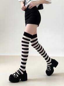 Striped Over-The-Knee Socks, Black White Red Striped Thigh-High Socks, Fashion Solid Color Cuff Long Socks, Women's Y2K Style Cosplay Party Socks - Black and White - View 3