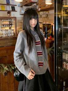 Y6Y Contrast Gray Ribbon Design 2026 Autumn/Winter New College Style Soft Fluffy Youthful Loose Knit Long Sleeve Women's Sweater - Grey - View 6