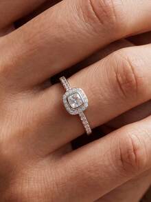 S925 純銀鍍鉑金女款戒指，經典婚戒、公主方型婚戒、求婚戒指、訂婚戒指、時尚銀戒、幾何戒指，食指戒指、小指戒指，高品質女款珠寶，完美禮物 - 白色 - 查看 3