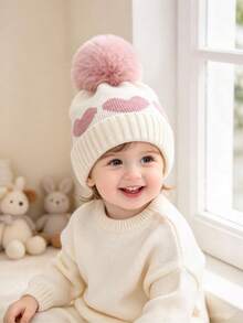 1pc Winter Knitted Hat, Cute Heart Pattern Pom Pom Beanie, Soft Warm Ribbed Cuff Knit Cap For Girls And Boys, Suitable For Outdoor Cold Weather, Fits 0-2 Years Old - Multicolor - View 3