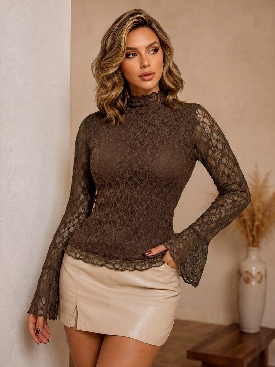 Women's Autumn Coffee Brown Lace Semi-High Neck Base Layer Top, Flared Sleeves Hollow-Out Slim Fit Blouse, Elegant For Daily Commute And Dating - Coffee - View 1