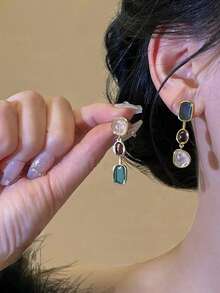 QTHOPE 1 đôi bông tai đính đá quý màu sắc bất đối xứng phong cách vintage, bông tai nụ phối màu tương phản, thiết kế độc đáo có tua rua - Nhiều màu - Xem 3