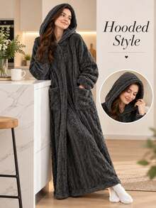 Women's Hooded Long Plush Robe, Cable Knit Texture Comfortable ...