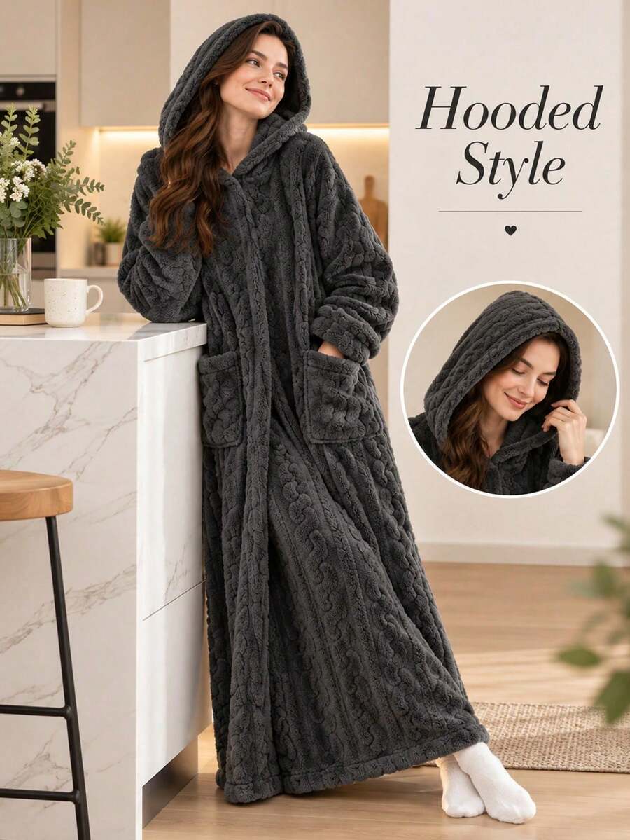 Women's Hooded Long Plush Robe, Cable Knit Texture Comfortable ...