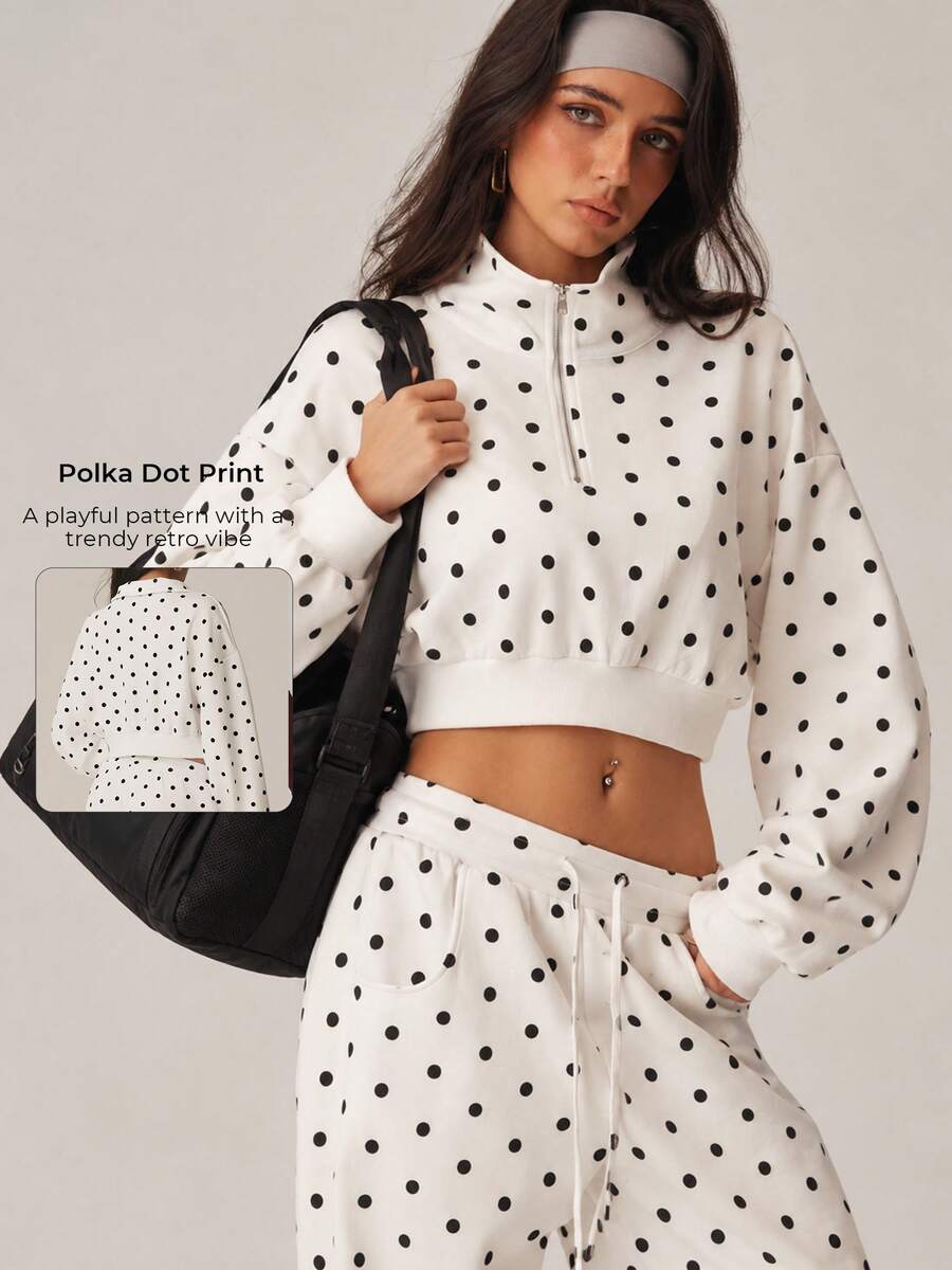 Women's Polka Dot 1/4 Zip Stand Collar Drop Shoulder Long Sleeve Cropped Sweatshirt, Ribbed Hem, Casual Fitness Jacket - Beige - View 1