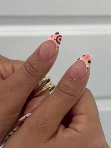 24pcs Autumn Thanksgiving Press-On Nails, Medium Almond Shape, Nude Pink Base, Hand-Painted Black Cat, Stars, Flowers, Polka Dots & Stripes Design, Reusable Fake Nails - Multicolor - View 5
