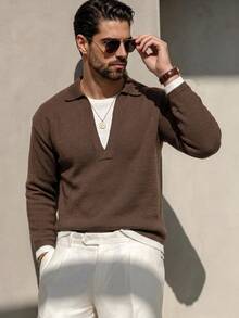 Men's Colorblock 2 In 1 Deep V-Neck Business Casual Commute Loose Fit Pullover Knit Sweater Top, Autumn/Winter - Coffee Brown - View 1