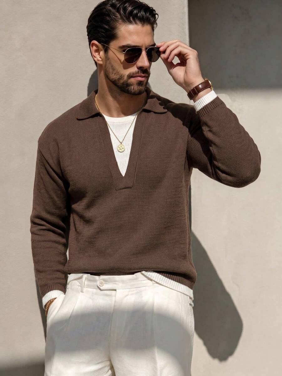 Men's Colorblock 2 In 1 Deep V-Neck Business Casual Commute Loose Fit Pullover Knit Sweater Top, Autumn/Winter - Coffee Brown - View 1