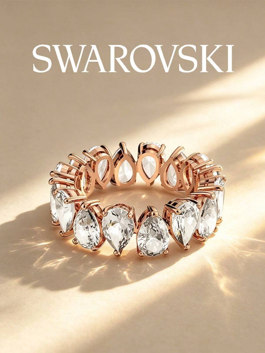 SWAROVSKI Rose Gold Teardrop Pear-Shaped Pave Diamond Eternity Ring, Luxury Stackable Banquet Decorative Finger Ring - Rose Gold - View 1