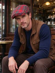 1pc Men's Vintage Plaid Newsboy Cap, British Style Short Brim Baseball Cap, Autumn/Winter Versatile Casual Beret - A - View 6