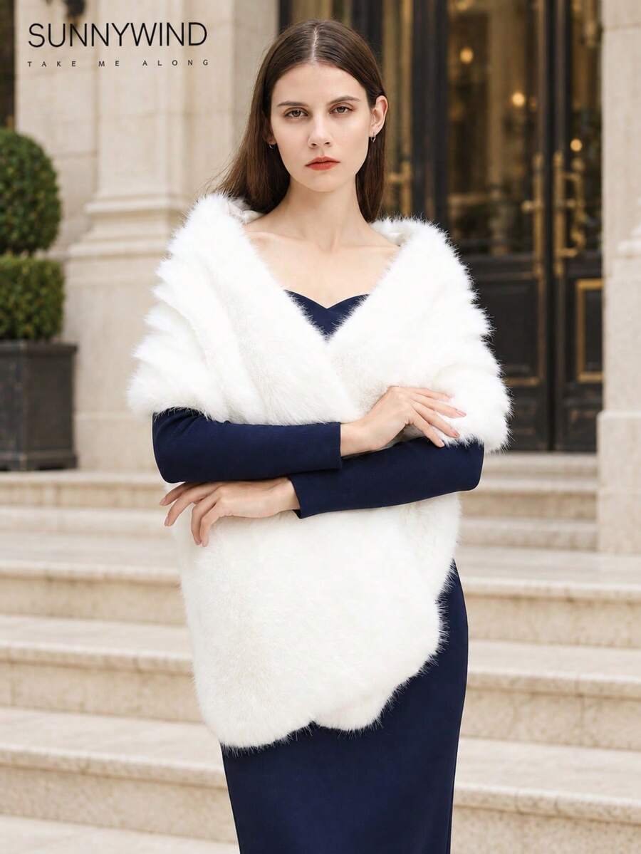 1pc Women's Solid Color Fashion Polyester Faux Fur Shawl, Suitable For Bridal, Evening Party And Autumn/Winter Daily Wear - Pure White - View 1
