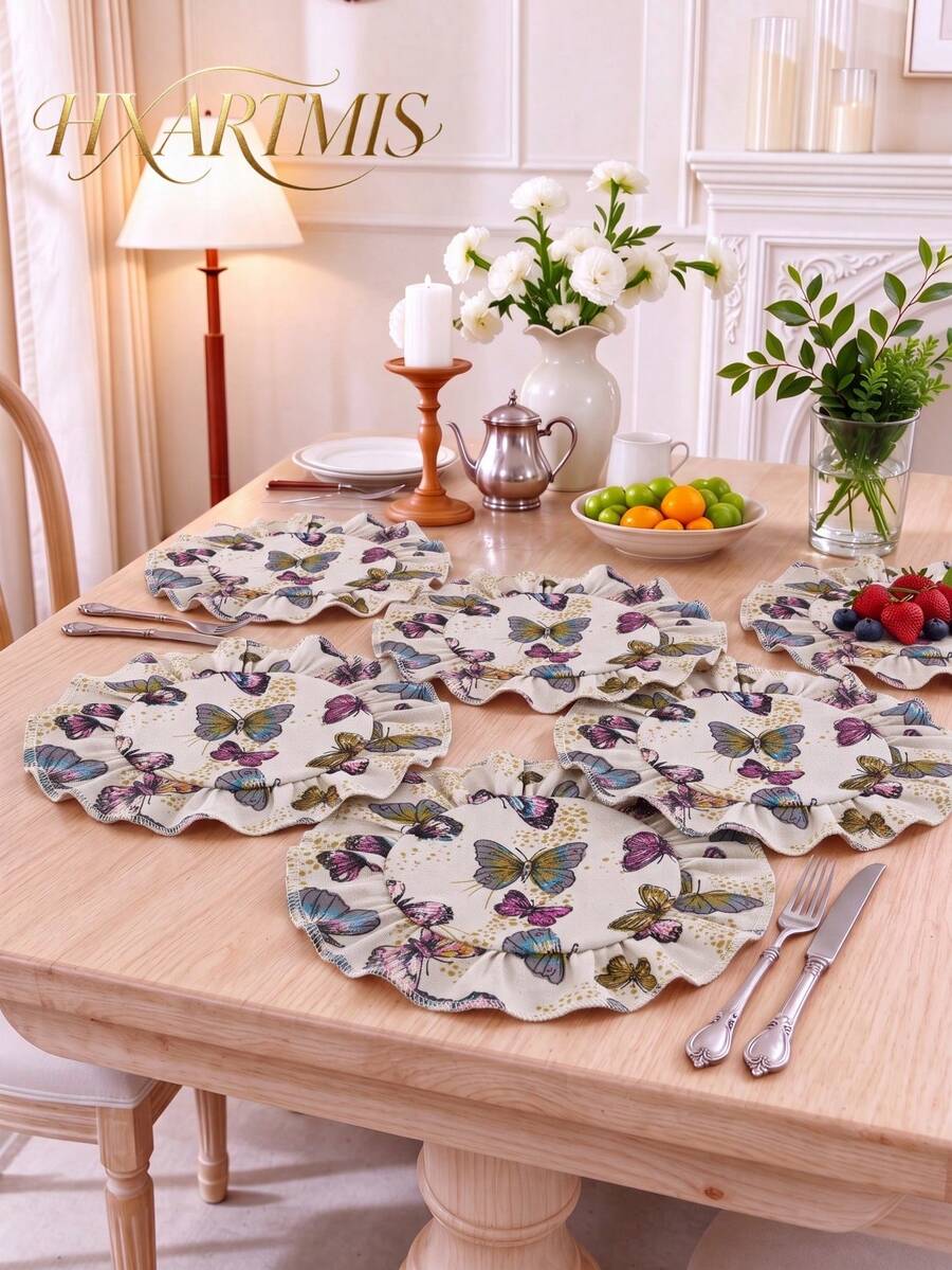 HXARTMIS 4/6/12/24/36PC Vintage Butterfly Print Round Scalloped Edge Placemats, Washable Heat-Resistant Table Mats, Suitable For Home, Party Decoration Dining Table Mats - Beige - View 1