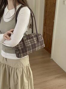 Women's Shoulder Bowling Bag, Fashionable Retro Plaid Design, Suitable For Shopping And Commuting, Brown Color, Autumn/Winter - Brown - View 5