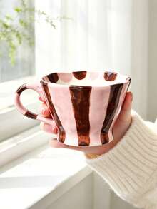 1pc Hand Painted Striped Ceramic Mug, Wavy Rim Large Capacity Coffee Cup, Cute Colorful Breakfast Mug For Milk Oatmeal, Home Kitchen Drinkware - Multicolor - View 14