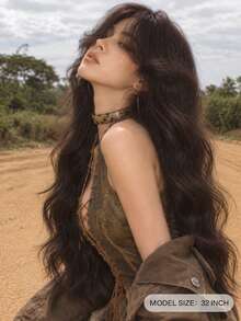 alicegarden 32-Inch Long Synthetic Wig Featuring A Natural Wavy Style In A A Stunning Black-Brown. Middle Part Design , This False Hairpiece Is Perfect For Ms Daily Party Cosplay Use, Offering A Natural And Natural Durable Wig Gift For Ladies. - Black Brown - View 3