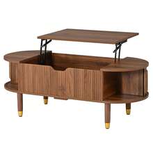 Living Room Coffee Table, Lift-Top Center Table With Storage, MDF, Rubberwood Legs, Fluted Sliding Door - Walnut Wood Color - View 8