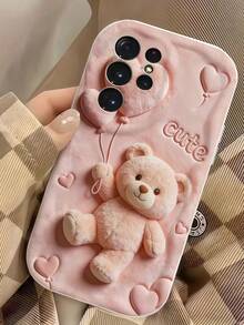 1pc Creamy Big Wave Ins Shockproof Anti-Drop Protective Phone Case, Pink Wavy Edge TPU Phone Shell, Cute 2D Printed Teddy Bear Heart-Shaped Balloon And CUTE Letter Print Pattern Anti-Drop Soft Protective Phone Case, Soft TPU Material, Shockproof Anti-Drop Anti-Scratch Protective Phone Case, Suitable For Women Pursuing Bohemian Style, Compatible With Samsung, Series Phones - White - View 4