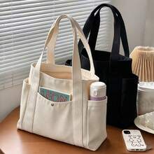 1 Large Capacity Canvas Tote Bag, Multi-Pocket Shoulder Bag, Reusable Shopping Bag, Comfortable Handle, Easy To Carry, Suitable For Daily Use And Gifting, Portable Handbag, Suitable For School, Work, Travel And Shopping - Multicolor - View 1