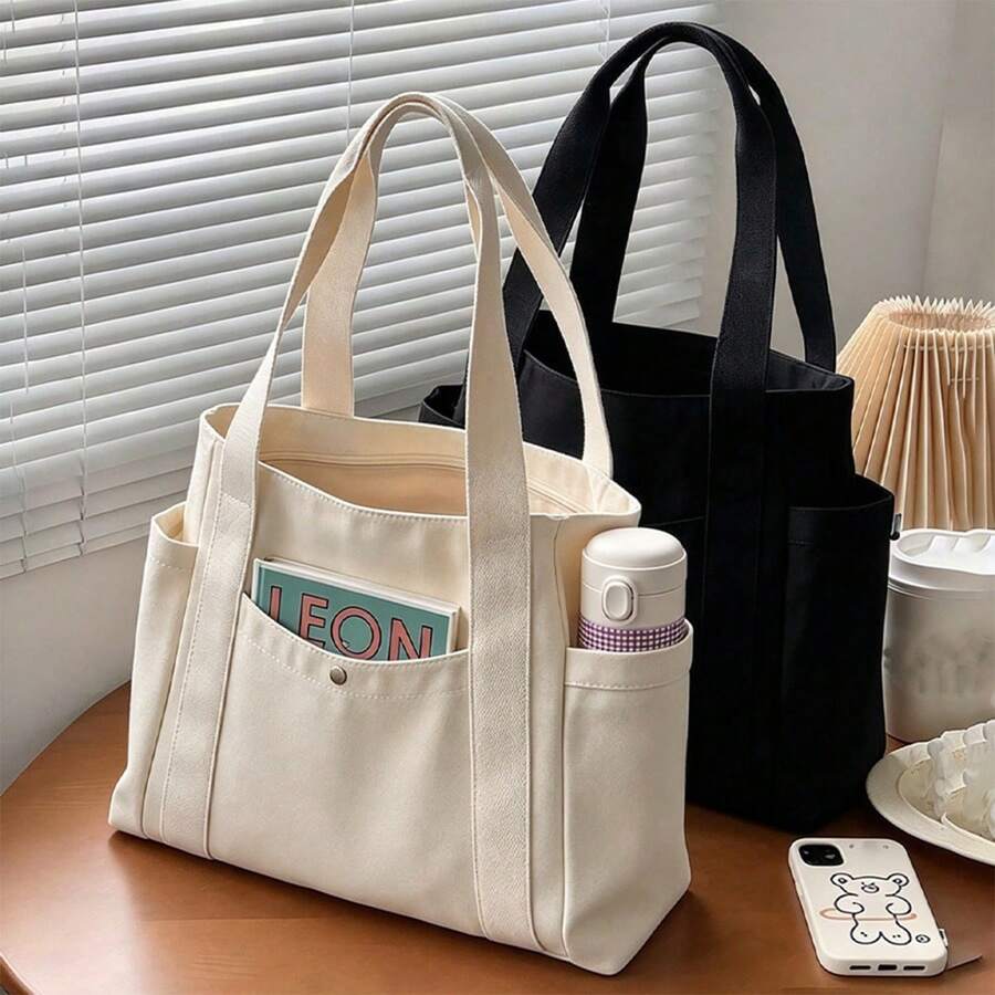 1 Large Capacity Canvas Tote Bag, Multi-Pocket Shoulder Bag, Reusable Shopping Bag, Comfortable Handle, Easy To Carry, Suitable For Daily Use And Gifting, Portable Handbag, Suitable For School, Work, Travel And Shopping - Multicolor - View 1