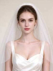1pc Vintage Elegant Pearl Bridal Veil With Hair Comb, Single Layer White Mesh Wedding Accessory - White - View 2