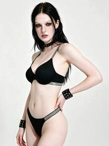 Lounge Court 1 Set Women's Ribbed Comfortable Underwire Bra And Thong Panty Set - Black - View 5