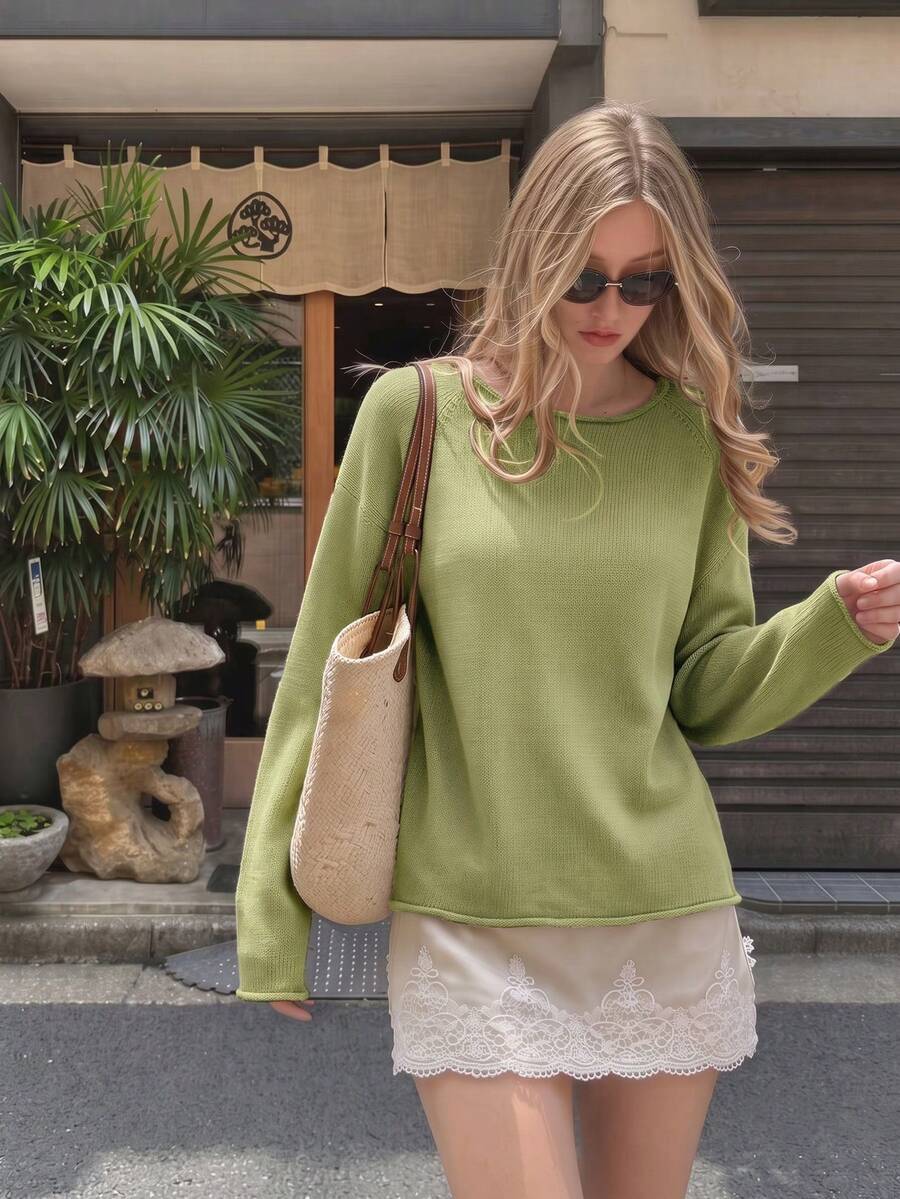 Women French Lazy Oversized Knit Sweater, Round Neck Drop Shoulder Long Sleeve Pullover, Fall Winter Casual Top For Home & Daily Aesthetic Look - Olive Green - View 1