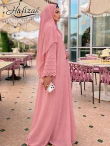 Hafizah Elegant Pink Long Kaftan Dress, Unique Fan-Shaped Sleeves, Wrist Length, Woven Fabric With Slight Stretch Spring Fall - Pink - View 1