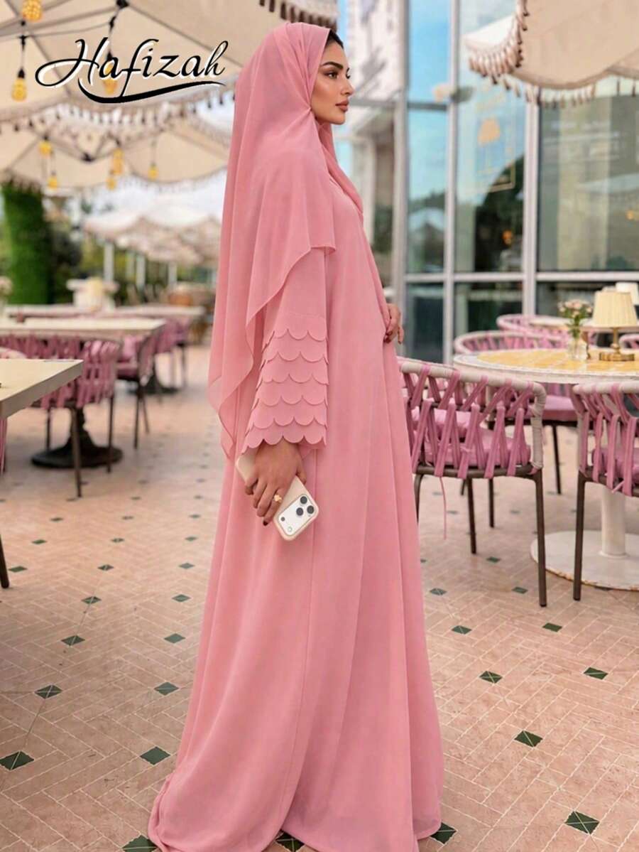 Hafizah Elegant Pink Long Kaftan Dress, Unique Fan-Shaped Sleeves, Wrist Length, Woven Fabric With Slight Stretch Spring Fall - Pink - View 1