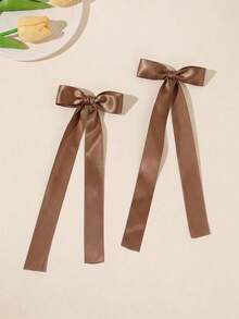 4 Long Ribbon Hair Bow Clips For Women Khaki Brown Satin Plaid Gingham French Barrettes Ponytail Accessories Hair Accessories Clips Bow Thanksgiving - Multicolor - View 3