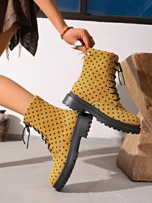 WTKMRSSTEP Women's Round Toe Polka Dot Lace-Up Thick Sole Ankle Boots, Daily Commute Shoes - Yellow - View 4