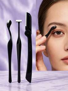 3pcs Eyebrow Trimmer Set, Stainless Steel Blade Precise Eyebrow Shaping, Portable Facial Hair Razor With Protective Cap, Makeup Skincare Tool, Suitable For Beginners - Multicolor - View 9