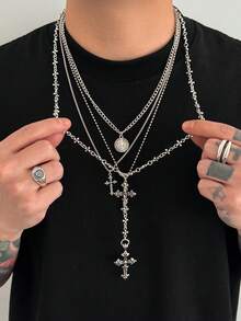 4pcs Gothic Punk Cross Pendant Necklace, Long Metal Chain Necklace Set, Can Be Worn Separately Or Layered, Men's Unique Charm Jewelry, Holiday Gift - Antique Silver - View 2