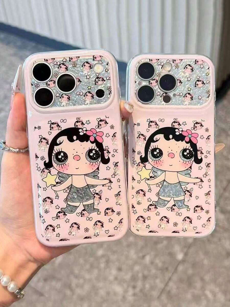 1pc Cute Angel Little Jade Diamond Pattern Phone Case Compatible With Iphone 18 Pro/17 Pro Max/16/15/14/12/11, New Glitter Premium Full Coverage Anti-Drop Cartoon Cover For Women - Pink - View 1