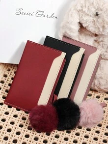 محفظة نسائية قصيرة بسحاب بتصميم كتل لونية عصرية، مع تعليقة بوم بوم، فتحات متعددة للبطاقات بسعة كبيرة، مناسبة للتنقل والتسوق - ارجواني - مشاهدة 2