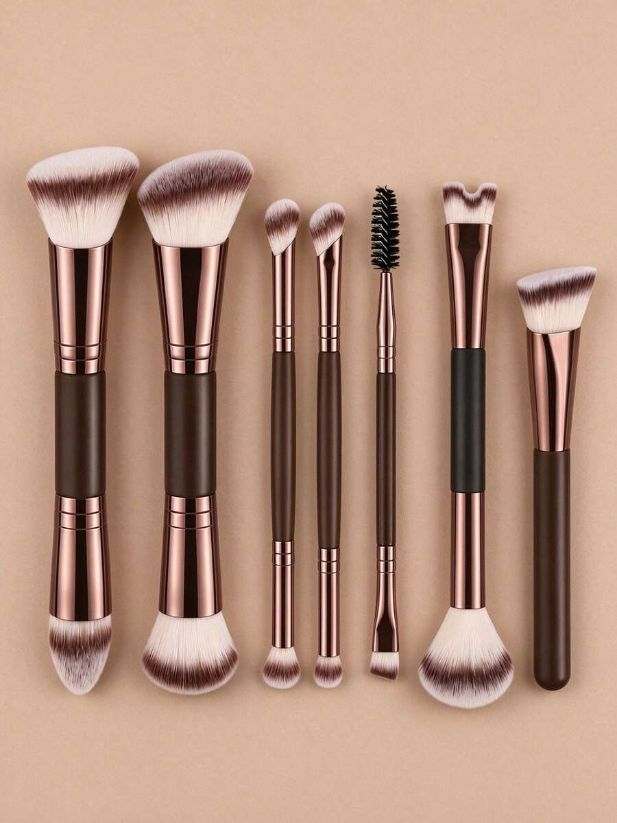 7pcs/5pcs/2pcs Dual-Ended Makeup Brush Set, Soft Synthetic Bristles, Covers Foundation, Blush, Eyeshadow, Eyebrow Brush & Spiral Eyebrow Brush, Professional Makeup Tools, Essential For Girls, Recommended For Beginners, Women's Gift - Brown - View 1