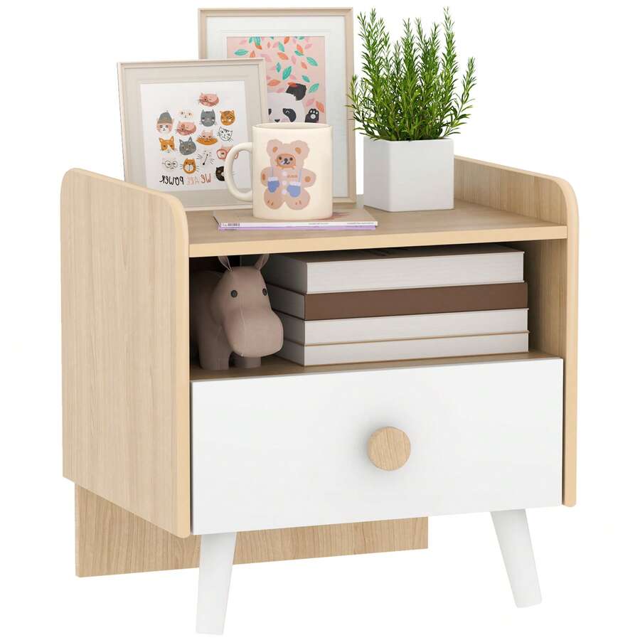 AIYAPLAY Kids Bedside Table With Drawer And Open Storage Shelf, White - White - View 1