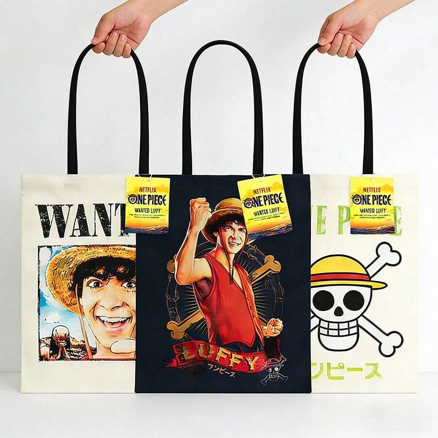 Netflix One Piece Canvas Tote Bag Double Sided Printed Large Capacity Shoulder Handbag Pocket Casual Shopping Bag For Work Beach Travel Official Licensed 1 Pc - Multicolor - View 1