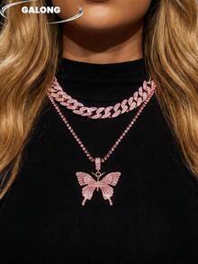 Rhinestone Butterfly Necklace, Personalized Cuban Chain Layered Choker, Sweet & Spicy Y2K Accessory, Music Festival Outfit Necklace - Rose Gold - View 6