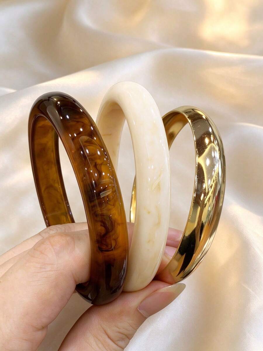 3pcs/Set Fashionable Vintage Thick Multicolor Asymmetrical Acrylic Bracelet Set, Suitable For Women, Daily Wear, Gift For Friends And Family - Multicolor - View 1