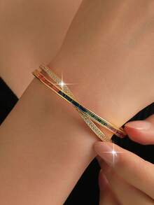 1pc Luxury X-Shape Colorful Cubic Zirconia Bangles Fashion Hollow Out Openable Bracelet For Women Daily Decoration Halloween Party Copper Jewelry Gift - Yellow Gold - View 2
