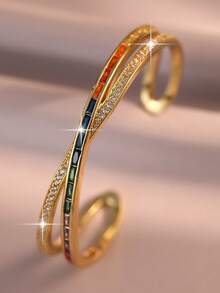 1pc Luxury X-Shape Colorful Cubic Zirconia Bangles Fashion Hollow Out Openable Bracelet For Women Daily Decoration Halloween Party Copper Jewelry Gift - Yellow Gold - View 5