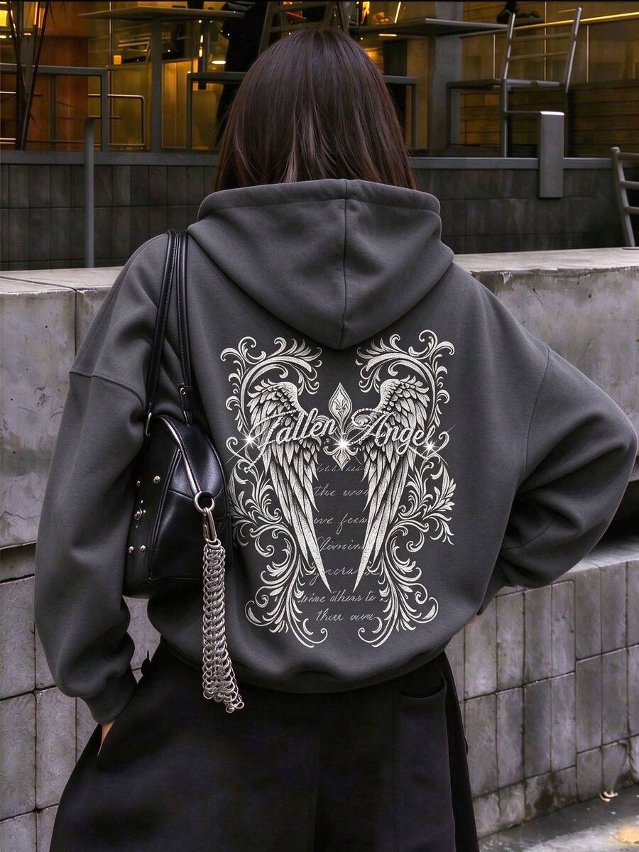 Sweatshirt Hoodie Sayap Malaikat Vintage, Atasan Lengan Panjang Longgar Gaya Jalanan dengan Bahu Jatuh, Sweatshirt Pullover dengan Motif Cetak - Grey - View 1