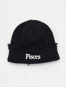 1Pc 12 Zodiac Signs Print Street Distressed Knit Beanie Hat, Warm Outdoor Fashion Couple/Student Knitted Cap, Suitable For Daily Wear, Autumn/Winter - Black - View 11